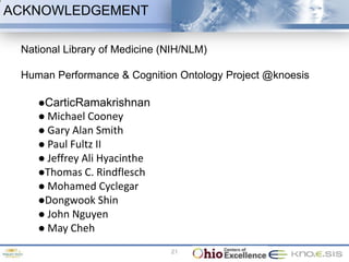 ACKNOWLEDGEMENT

 National Library of Medicine (NIH/NLM)

 Human Performance & Cognition Ontology Project @knoesis

    CarticRamakrishnan
     Michael Cooney
     Gary Alan Smith
     Paul Fultz  II
     Jeffrey Ali Hyacinthe
    Thomas C. Rindflesch
     Mohamed Cyclegar
    Dongwook Shin
     John Nguyen
     May Cheh

                               21
 