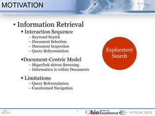 MOTIVATION

  • Information Retrieval
     Interaction Sequence
       – Keyword Search
       – Document Selection
       – Document Inspection
       – Query Reformulation               Exploratory
                                             Search
    Document-Centric Model
       – Hyperlink-driven Browsing
       – Information is within Documents

     Limitations
       – Query Reformulation
       – Constrained Navigation




                                  2
 