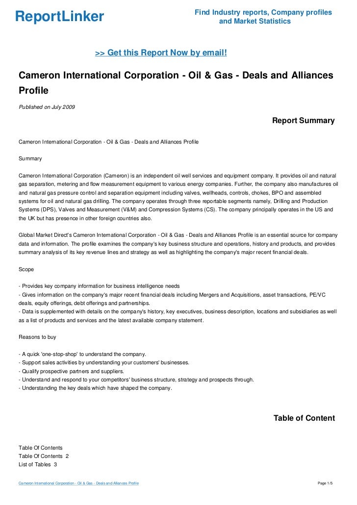 Cameron International Corporation Oil & Gas Deals and Alliances Profile