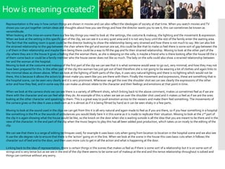 How is meaning created?
Representation is the way in how certain things are shown in movies and can also reflect the ideologies of society at that time. When you watch movies and TV
shows you can put together certain ideas and thoughts about how you see things and how the director wants you to see it, this can sometimes be known as
verisimilitude.
When looking at the mise-en-scene there is a few key things you need to look at: the settings, the costume & makeup, the lighting and the movement & expression.
When we look at the setting in this specific part of the clip, we can see it is a very quiet area and it is not very busy until the rest of the family enter the waiting area.
The fact that the waiting room is quiet could be the director looking to show the relationship being very strained and how there is not much to say. We can also link
the strained relationship to the gap between the chair where the girl and woman are sat, this could be like that to make us feel there is some sort of gap between the
2 of them in their relationship and maybe them being there could be a way to fill the gap and fix their strained relationship. Moving to look at the other part of the
clip where they are in the house it gives a feeling that the woman there, as she is sleeping on the sofa, is maybe a friend who is there looking after the house till the 2
of them come back or could be a family member who the house owner does not like so much. The lady on the sofa could also show a strained relationship between
her and the woman at the hospital.
Moving to look at the costume and makeup of the first part of the clip we can see that it is what someone would wear to go out, very minimal, and how they may not
have been prepared for this. In the other part of the clip this woman has just got out of bed therefore she is not going to be wearing a lot of clothes and again links to
the minimal ideas as shown above. When we look at the lighting of both parts of the clips, it uses very natural lighting and there is no lighting which would not be
there, this is because it allows the actors to almost make you seem like you are there with them. Finally the movement and expressions, these are something that in
the hospital scene, can be seen very clearly and it is very prominent. Whenever we get the over the shoulder shot we can see clearly the expressions of the other
actor and how they feel, and in some way this can make us almost relate to the character and their feelings and emotions at that point in time.
When we look at the camera shots we can see there is a variety of different shots, which linking back to the above comment, makes us sometimes feel as if we are
there with the character and we can feel what they do. An example of this is when we see an over the shoulder shot used and it makes us feel as if we are the ones
looking at the other character and speaking to them. This is a great way to push emotion across to the viewers and make them feel something. The movements of
the camera gives us the idea it uses a stedi-cam as it is almost as if it is being filmed by hand as it can be seen shaky in a few parts.
Moving to look at the sound used in the clips we can get from this it is all very natural and again made to feel as if you are there, so if you hear something in a hospital
like something in the PA or the sounds of ambulances you would likely here it in this scene as it is made to replicate their situation. Moving to look at the 2nd part of
the clip it is again showing what the house would be like, so the knock on the door when she is waiting outside is all the idea that you are meant to be there and in the
view of the character. In the end part of the clip when the music begins to play this has all been added post production, which takes us on nicely to the editing of the
clip.
We can see that there is a range of editing techniques used, for example it uses basic cuts when going from location to location in the hospital scene and we also see
it use the 180 degree rule to ensure that there is the 'action' going on in the line. When we look at the scene in the house this uses basic cuts when it follows the
character out of bed and to the door, and then uses more cuts to get in all the action and what is happening at the door.
Linking back to the idea of representation, there is certain things in the scenes that makes us feel as if there is some sort of a relationship but it is on some sort of
strings and is very tense but as we see in the end of the clip there seems to be some sort of makeup at the end and this tense relationship throughout is solved and
things can continue without any worry.
 