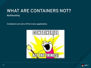 20
WHAT ARE CONTAINERS NOT?
Mythbusting
Containers are not a fit for every application.
 