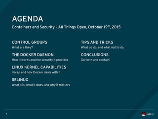 4
AGENDA
Containers and Security - All Things Open, October 19th
, 2015
CONTROL GROUPS
What are they?
THE DOCKER DAEMON
How it works and the security it provides
LINUX KERNEL CAPABILITIES
libcap and how Docker deals with it
SELINUX
What it is, what it does, and why it matters
TIPS AND TRICKS
What do do, and what not to do.
THE DOCKER DAEMON CONCLUSIONS
Go forth and contain!
 