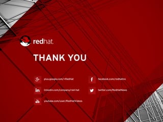 THANK YOU
plus.google.com/+RedHat
linkedin.com/company/red-hat
youtube.com/user/RedHatVideos
facebook.com/redhatinc
twitter.com/RedHatNews
 