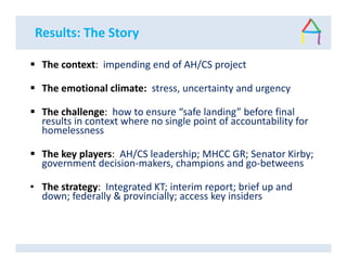 Results: The Story
The context: impending end of AH/CS project
The emotional climate: stress, uncertainty and urgency
The challenge: how to ensure “safe landing” before final
results in context where no single point of accountability for
homelessness
The key players: AH/CS leadership; MHCC GR; Senator Kirby;
government decision-makers, champions and go-betweens
• The strategy: Integrated KT; interim report; brief up and
down; federally & provincially; access key insiders
 