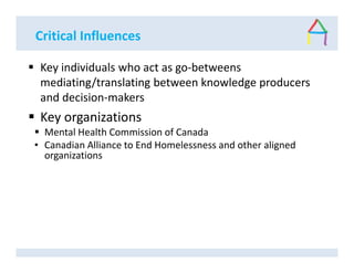 Critical Influences
Key individuals who act as go-betweens
mediating/translating between knowledge producers
and decision-makers
Key organizations
Mental Health Commission of Canada
• Canadian Alliance to End Homelessness and other aligned
organizations
 