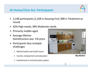 At Home/Chez Soi: Participants
• 2,148 participants (1,158 in Housing First; 990 in Treatment as
Usual)
• 62% High needs; 38% Moderate needs
• Primarily middle-aged
• Average lifetime
homelessness was 4.8 years
• Participants face multiple
challenges
• Mental health and health issues
• Income, employment and education
• Involvement in criminal justice system
3
My Kitchen
 
