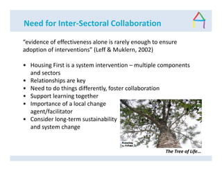 Need for Inter-Sectoral Collaboration
“evidence of effectiveness alone is rarely enough to ensure
adoption of interventions” (Leff & Muklern, 2002)
• Housing First is a system intervention – multiple components
and sectors
• Relationships are key
• Need to do things differently, foster collaboration
• Support learning together
• Importance of a local change
agent/facilitator
• Consider long-term sustainability
and system change
The Tree of Life…
 
