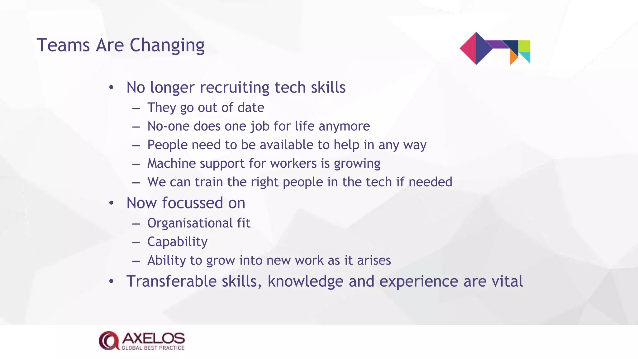 • No longer recruiting tech skills
– They go out of date
– No-one does one job for life anymore
– People need to be available to help in any way
– Machine support for workers is growing
– We can train the right people in the tech if needed
• Now focussed on
– Organisational fit
– Capability
– Ability to grow into new work as it arises
• Transferable skills, knowledge and experience are vital
Teams Are Changing
 