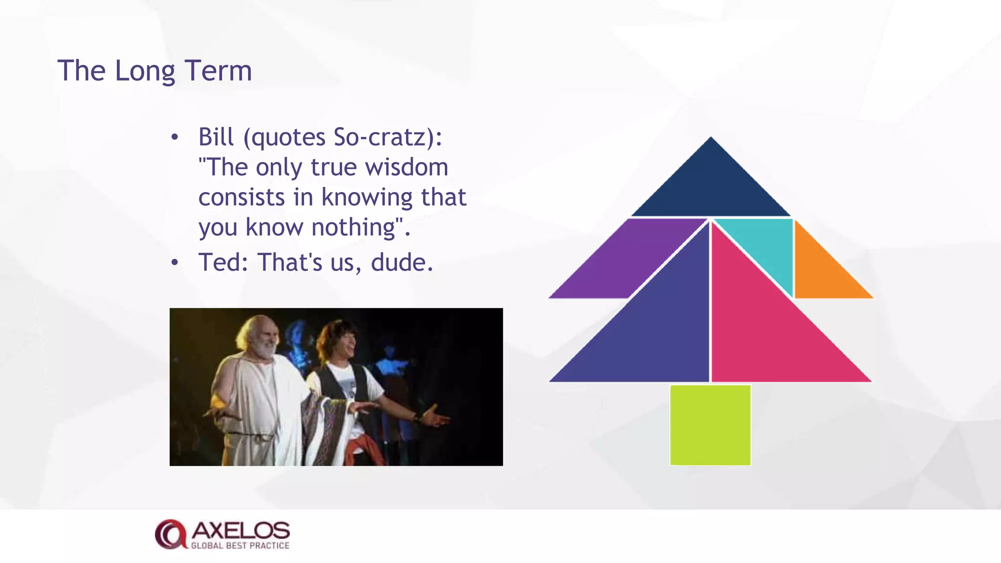 • Bill (quotes So-cratz):
"The only true wisdom
consists in knowing that
you know nothing".
• Ted: That's us, dude.
The Long Term
 