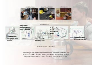 “How might we improve the interaction between user and ob-
ject, so that we create a flowing experience from start to end,
that can evoke social interaction with people around you”
HOW MIGHT WE STATEMENT
MAIN INCITES
“I need to use
two hands when
pouring”
“I try not to
heat more than
what’s needed”
“I clean the
toaster once
a week mini-
mum”
“I use a knife to
get the bread out”
“A teapot al-
ways reminds
me of my nan”
OBSERVATION CULTURAL PROBE INTERVIEWS
 