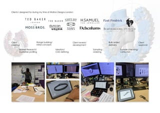 Clients I designed for during my time at Walton Designs London:
Client
meeting
Market Research/
Customer profiling
Range building/
Initial concepts
Ideation/
CAD defining
Sampling
ordering
Client review/
development
Sample checking/
correction
Client
approval
Bulk order/
delivery
 
