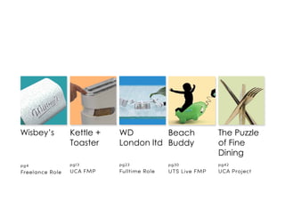 pg23
Fulltime Role
WD
London ltd
Wisbey’s Kettle +
Toaster
The Puzzle
of Fine
Dining
Beach
Buddy
pg4
Freelance Role
pg13
UCA FMP
pg42
UCA Project
pg30
UTS Live FMP
 