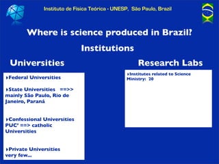 Instituto de Física Teórica - UNESP, São Paulo, Brazil



        Where is science produced in Brazil?
                   ...