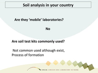 Soil analysis in your country
Are they ‘mobile’ laboratories?
No
Are soil test kits commonly used?
Not common used although exist,
Process of formation
 