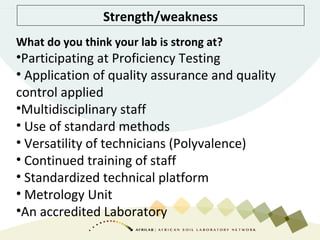Strength/weakness
What do you think your lab is strong at?
•Participating at Proficiency Testing
• Application of quality ...