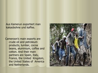 Cameroon’s main exports are crude oil and petroleum products, lumber, cocoa beans, aluminium, coffee and cotton. And their main partners are Spain, Italy, France, the United  Kingdom, the United States of  America and Netherlands. Aus Kamerun exportiert man kakaobohne und kaffee. 