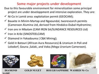 Some major projects under development
DIAMOND GOLD NUGET ROUGH SAPPHIRE WASHED Ni- Co
Due to this favourable environment for mineralization some principal
project are under developpment and intensive exploration. They are:
 Ni-Co in Lomié area: exploitation permit (GEOCAM);
 Bauxite in Minim-Martap and Ngaoundal, tworesearch permits
(Cameroon Alumina Ltd, derived from Hindalco-Dubal-Hydromine;
 Iron ore in Mbalam (CAM IRON SA/SUNDANCE RESOURCES Ltd)
 Iron in Kribi (SINOSTEELCAM)
 Diamond in Yokadouma ( C&K Mining);
 Gold in Batouri (African Aura Resources) & Uranium in Poli and
Lolodorf, Gouna ,Salaki, and Voko.(Mega Uranium Cameroon).
 