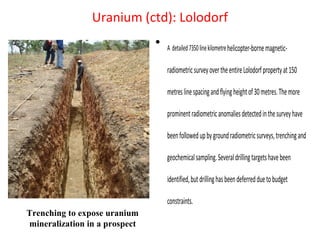 Uranium (ctd): Lolodorf
• A detailed7350linekilometrehelicopter-bornemagnetic-
radiometricsurveyovertheentireLolodorfpropertyat150
metreslinespacingandflyingheightof30metres.Themore
prominentradiometricanomaliesdetectedinthesurveyhave
beenfollowedupbygroundradiometricsurveys,trenchingand
geochemicalsampling.Severaldrillingtargetshavebeen
identified,butdrillinghasbeendeferredduetobudget
constraints.
Trenching to expose uranium
mineralization in a prospect
 