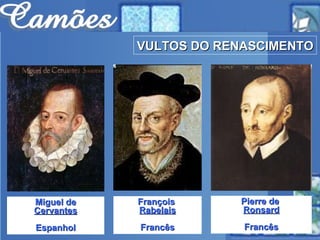 Pierre de  Ronsard Francês VULTOS DO RENASCIMENTO Miguel de Cervantes Espanhol François  Rabelais Francês 
