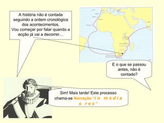 A história não é contada
seguindo a ordem cronológica
dos acontecimentos.
Vou começar por falar quando a
acção já vai a decorrer…
E o que se passou
antes, não é
contado?
Sim! Mais tarde! Este processo
chama-se Narração “i n m e d i a
s r e s ”
 