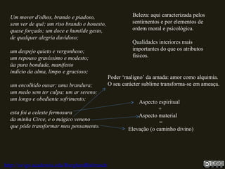 Um mover d'olhos, brando e piadoso,
sem ver de quê; um riso brando e honesto,
quase forçado; um doce e humilde gesto,
de qualquer alegria duvidoso;
um despejo quieto e vergonhoso;
um repouso gravíssimo e modesto;
üa pura bondade, manifesto
indício da alma, limpo e gracioso;
um encolhido ousar; uma brandura;
um medo sem ter culpa; um ar sereno;
um longo e obediente sofrimento;
esta foi a celeste fermosura
da minha Circe, e o mágico veneno
que pôde transformar meu pensamento.
Poder ‘maligno’ da amada: amor como alquimia.
O seu carácter sublime transforma-se em ameaça.
Beleza: aqui caracterizada pelos
sentimentos e por elementos de
ordem moral e psicológica.
Qualidades interiores mais
importantes do que os atributos
físicos.
Aspecto espiritual
+
Aspecto material
=
Elevação (o caminho divino)
http://uvigo.academia.edu/BurghardBaltrusch
 