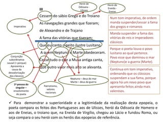 Herói de          Herói de
                                                Odisseia -        Eneida -
                    III                          Ulisses           Eneias
                    Cessem do sábio Grego e do Troiano              Num tom imperativo, de ordem
                    As navegações grandes que fizeram;              manda suspender/cessar a fama
      Imperativo                                                    dos gregos e romanos
                    de Alexandro e de Trajano
                                                                    Manda suspender a fama das
                    A fama das vitórias que tiveram;                vitórias de reis e imperadores
                                                                    clássicos
                    Que eu canto o peito ilustre Lusitano,
                                                                    Porque o poeta louva o povo
                    A quem Neptuno e Marte obedeceram.              lusitano ao qual pertence.
    Conjunção                                                       Povo esse que dominou o mar
  subordinativa     Cesse tudo o que a Musa antiga canta,           (Neptuno)e a guerra (Marte).
causal (= porque)
  . Apresenta a     Que outro valor mais alto se alevanta.
     causa da                                                       Continua em tom imperativo,
 desvalorização                                                     ordenando que os clássicos
   dos clássicos
                                         Neptuno – deus do mar      suspendam a sua fama, porque
                                         Marte – deus da guerra     agora há um novo povo que
     1ª pessoa do
                          Patriotismo,                              apresenta feitos ainda mais
       singular –
                            valores
     envolvimento
                           nacionais                                valerosos.
        do poeta


  Para demonstrar a superioridade e a legitimidade da realização desta epopeia, o
 poeta compara os feitos dos Portugueses aos de Ulisses, herói da Odisseia de Homero e
 aos de Eneias, o troiano que, na Eneida de Virgílio, chegou ao Lácio e fundou Roma, ou
 seja compara o seu herói com os heróis das epopeias de referência.
 