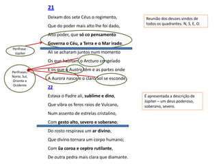 21
              Deixam dos sete Céus o regimento,          Reunião dos deuses vindos de
                                                         todos os quadrantes: N, S, E, O.
              Que do poder mais alto lhe foi dado,
              Alto poder, que só co pensamento
              Governa o Céu, a Terra e o Mar irado.
Perífrase -
 Júpiter      Ali se acharam juntos num momento
              Os que habitam o Arcturo congelado

Perífrases:
              E os que o Austro têm e as partes onde
Norte, Sul,
Oriente e
              A Aurora nasce e o claro Sol se esconde.
 Ocidente
              22
              Estava o Padre ali, sublime e dino,        É apresentada a descrição de
                                                         Júpiter – um deus poderoso,
              Que vibra os feros raios de Vulcano,       soberano, severo.
              Num assento de estrelas cristalino,
              Com gesto alto, severo e soberano;
              Do rosto respirava um ar divino,
              Que divino tornara um corpo humano;
              Com ũa coroa e ceptro rutilante,
              De outra pedra mais clara que diamante.
 