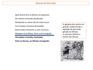 Balanço da discussão



Qual Austro fero ou Bóreas na espessura
De silvestre arvoredo abastecida,
Rompendo os ramos vão da mata escura
                                               A agitação dos ventos era
Com ímpeto e braveza desmedida,                grande, evidenciando a
Brama toda montanha, o som murmura,            agitação da discussão
                                               gerada no Olimpo.
Rompem-se as folhas, ferve a serra erguida:    A natureza reflecte o
Tal andava o tumulto, levantado                humor dos deuses.

Entre os Deuses, no Olimpo consagrado.
 