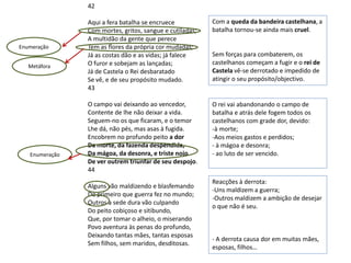 42

                Aqui a fera batalha se encruece           Com a queda da bandeira castelhana, a
                Com mortes, gritos, sangue e cutiladas;   batalha tornou-se ainda mais cruel.
                A multidão da gente que perece
Enumeração      Tem as flores da própria cor mudadas;
                Já as costas dão e as vidas; já falece    Sem forças para combaterem, os
                O furor e sobejam as lançadas;            castelhanos começam a fugir e o rei de
   Metáfora
                Já de Castela o Rei desbaratado           Castela vê-se derrotado e impedido de
                Se vê, e de seu propósito mudado.         atingir o seu propósito/objectivo.
                43

                O campo vai deixando ao vencedor,         O rei vai abandonando o campo de
                Contente de lhe não deixar a vida.        batalha e atrás dele fogem todos os
                Seguem-no os que ficaram, e o temor       castelhanos com grade dor, devido:
                Lhe dá, não pés, mas asas à fugida.       -à morte;
                Encobrem no profundo peito a dor          -Aos meios gastos e perdidos;
                Da morte, da fazenda despendida,          - à mágoa e desonra;
   Enumeração   Da mágoa, da desonra, e triste nojo       - ao luto de ser vencido.
                De ver outrem triunfar de seu despojo.
                44
                                                          Reacções à derrota:
                Alguns vão maldizendo e blasfemando
                                                          -Uns maldizem a guerra;
                Do primeiro que guerra fez no mundo;
                                                          -Outros maldizem a ambição de desejar
                Outros a sede dura vão culpando
                                                          o que não é seu.
                Do peito cobiçoso e sitibundo,
                Que, por tomar o alheio, o miserando
                Povo aventura às penas do profundo,
                Deixando tantas mães, tantas esposas
                                                          - A derrota causa dor em muitas mães,
                Sem filhos, sem maridos, desditosas.
                                                          esposas, filhos…
 