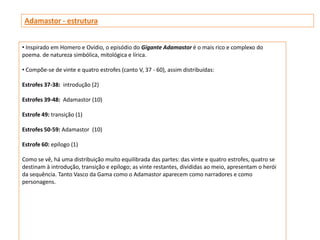 Adamastor - estrutura


• Inspirado em Homero e Ovídio, o episódio do Gigante Adamastor é o mais rico e complexo do
poema. de natureza simbólica, mitológica e lírica.

• Compõe-se de vinte e quatro estrofes (canto V, 37 - 60), assim distribuídas:

Estrofes 37-38: introdução (2)

Estrofes 39-48: Adamastor (10)

Estrofe 49: transição (1)

Estrofes 50-59: Adamastor (10)

Estrofe 60: epílogo (1)

Como se vê, há uma distribuição muito equilibrada das partes: das vinte e quatro estrofes, quatro se
destinam à introdução, transição e epílogo; as vinte restantes, divididas ao meio, apresentam o herói
da sequência. Tanto Vasco da Gama como o Adamastor aparecem como narradores e como
personagens.
 