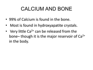 CALCIUM AND BONE
• 99% of Calcium is found in the bone.
• Most is found in hydroxyapatite crystals.
• Very little Ca2+ can be released from the
bone– though it is the major reservoir of Ca2+
in the body.
 
