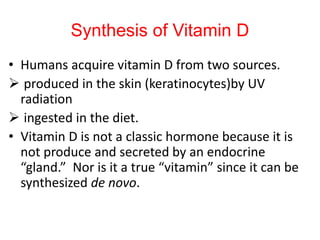 Synthesis of Vitamin D
• Humans acquire vitamin D from two sources.
 produced in the skin (keratinocytes)by UV
radiation
 ingested in the diet.
• Vitamin D is not a classic hormone because it is
not produce and secreted by an endocrine
“gland.” Nor is it a true “vitamin” since it can be
synthesized de novo.
 