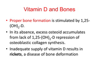Vitamin D and Bones
• Proper bone formation is stimulated by 1,25-
(OH)2-D.
• In its absence, excess osteoid accumulates
from lack of 1,25-(OH)2-D repression of
osteoblastic collagen synthesis.
• Inadequate supply of vitamin D results in
rickets, a disease of bone deformation
 