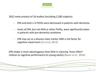 2012 meta-analysis of 10 studies (including 2,280 subjects) 
- EPA and total n-3 PUFAs were decreased in patients with dementia 
- levels of EPA, but not DHA or other PUFAs, were significantly lower 
in patients with pre-dementia syndrome 
- EPA may act as a disease-state marker AND a risk factor for 
cognitive impairment (Lin et al, 2012) 
EPA intake is more advantageous than DHA in reducing "brain effort" 
relative to cognitive performance (in young adults) (Bauer et al., 2014) 
40 
 