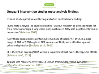 Omega-3 intervention studies meta-analysis findings 
Fish oil studies produce conflicting and often contradictory findings 
2009 meta-analysis (28 studies) clarified ‘EPA but not DHA to be responsible for 
the efficacy of omega-3 long-chain polyunsaturated fatty acid supplementation in 
depression’ (Martins 2009) 
Only those supplements containing EPA ≥ 60% of total EPA + DHA, in a dose 
range of 200 to 2,200 mg/d of EPA in excess of DHA, were effective against 
primary depression (Sublette et al., 2011) 
It is the EPA in excess of DHA within a supplement that exerts therapeutic effects 
(Sublette et al., 2011) 
1g pure EPA more effective than 1g DHA in treating depressive symptoms 
(Mozaffari-Khosravi et al., 2012) 
 
