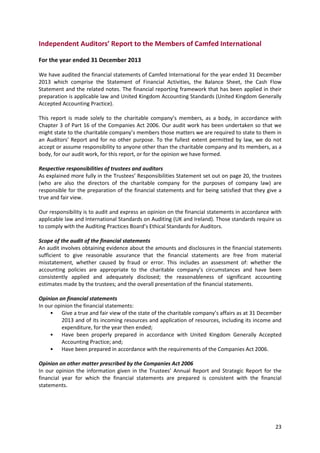 23
Independent Auditors’ Report to the Members of Camfed International
For the year ended 31 December 2013
We have audited the financial statements of Camfed International for the year ended 31 December
2013 which comprise the Statement of Financial Activities, the Balance Sheet, the Cash Flow
Statement and the related notes. The financial reporting framework that has been applied in their
preparation is applicable law and United Kingdom Accounting Standards (United Kingdom Generally
Accepted Accounting Practice).
This report is made solely to the charitable company’s members, as a body, in accordance with
Chapter 3 of Part 16 of the Companies Act 2006. Our audit work has been undertaken so that we
might state to the charitable company’s members those matters we are required to state to them in
an Auditors' Report and for no other purpose. To the fullest extent permitted by law, we do not
accept or assume responsibility to anyone other than the charitable company and its members, as a
body, for our audit work, for this report, or for the opinion we have formed.
Respective responsibilities of trustees and auditors
As explained more fully in the Trustees’ Responsibilities Statement set out on page 20, the trustees
(who are also the directors of the charitable company for the purposes of company law) are
responsible for the preparation of the financial statements and for being satisfied that they give a
true and fair view.
Our responsibility is to audit and express an opinion on the financial statements in accordance with
applicable law and International Standards on Auditing (UK and Ireland). Those standards require us
to comply with the Auditing Practices Board’s Ethical Standards for Auditors.
Scope of the audit of the financial statements
An audit involves obtaining evidence about the amounts and disclosures in the financial statements
sufficient to give reasonable assurance that the financial statements are free from material
misstatement, whether caused by fraud or error. This includes an assessment of: whether the
accounting policies are appropriate to the charitable company’s circumstances and have been
consistently applied and adequately disclosed; the reasonableness of significant accounting
estimates made by the trustees; and the overall presentation of the financial statements.
Opinion on financial statements
In our opinion the financial statements:
• Give a true and fair view of the state of the charitable company’s affairs as at 31 December
2013 and of its incoming resources and application of resources, including its income and
expenditure, for the year then ended;
• Have been properly prepared in accordance with United Kingdom Generally Accepted
Accounting Practice; and;
• Have been prepared in accordance with the requirements of the Companies Act 2006.
Opinion on other matter prescribed by the Companies Act 2006
In our opinion the information given in the Trustees’ Annual Report and Strategic Report for the
financial year for which the financial statements are prepared is consistent with the financial
statements.
 