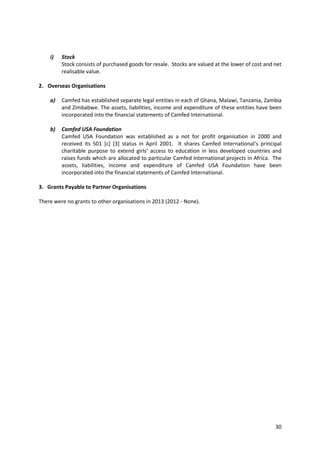 30
i) Stock
Stock consists of purchased goods for resale. Stocks are valued at the lower of cost and net
realisable value.
2. Overseas Organisations
a) Camfed has established separate legal entities in each of Ghana, Malawi, Tanzania, Zambia
and Zimbabwe. The assets, liabilities, income and expenditure of these entities have been
incorporated into the financial statements of Camfed International.
b) Camfed USA Foundation
Camfed USA Foundation was established as a not for profit organisation in 2000 and
received its 501 [c] [3] status in April 2001. It shares Camfed International’s principal
charitable purpose to extend girls’ access to education in less developed countries and
raises funds which are allocated to particular Camfed International projects in Africa. The
assets, liabilities, income and expenditure of Camfed USA Foundation have been
incorporated into the financial statements of Camfed International.
3. Grants Payable to Partner Organisations
There were no grants to other organisations in 2013 (2012 - None).
 