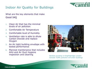 Indoor Air Quality for Buildings
What are the key elements that make

Good IAQ
1.

Clean Air that has the minimal
levels of air pollution

2.

Comfortable Air Temperature

3.

Comfortable level of Humidity

4.

Ventilation rate is able to dilute
Carbon Dioxide and replace
Oxygen

5.

An Air tight building envelope with
tested performance

6.

Planned maintenance that includes
AHU and Air Duct Hygiene
inspection and cleaning

Indoor Air Quality for Buildings

Particle counting in Knightsbridge London
Outside Traffic pollution will enter buildings

3

 