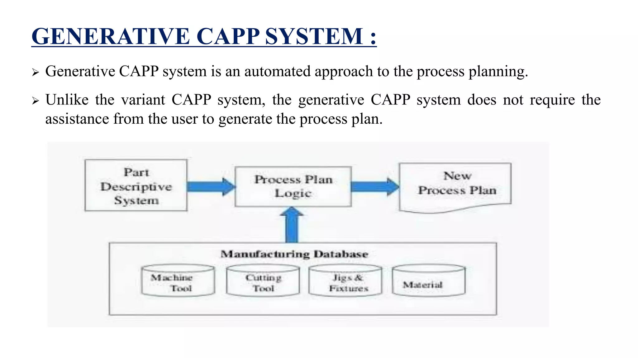 GENERATIVE CAPP SYSTEM :
 Generative CAPP system is an automated approach to the process planning.
 Unlike the variant CAPP system, the generative CAPP system does not require the
assistance from the user to generate the process plan.
 