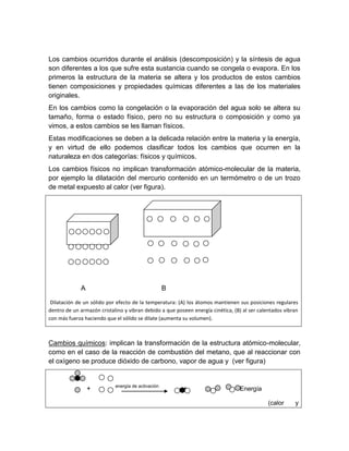 Los cambios ocurridos durante el análisis (descomposición) y la síntesis de agua
son diferentes a los que sufre esta sustancia cuando se congela o evapora. En los
primeros la estructura de la materia se altera y los productos de estos cambios
tienen composiciones y propiedades químicas diferentes a las de los materiales
originales.
En los cambios como la congelación o la evaporación del agua solo se altera su
tamaño, forma o estado físico, pero no su estructura o composición y como ya
vimos, a estos cambios se les llaman físicos.
Estas modificaciones se deben a la delicada relación entre la materia y la energía,
y en virtud de ello podemos clasificar todos los cambios que ocurren en la
naturaleza en dos categorías: físicos y químicos.
Los cambios físicos no implican transformación atómico-molecular de la materia,
por ejemplo la dilatación del mercurio contenido en un termómetro o de un trozo
de metal expuesto al calor (ver figura).




             A                                      B

 Dilatación de un sólido por efecto de la temperatura: (A) los átomos mantienen sus posiciones regulares
dentro de un armazón cristalino y vibran debido a que poseen energía cinética, (B) al ser calentados vibran
con más fuerza haciendo que el sólido se dilate (aumenta su volumen).



Cambios químicos: implican la transformación de la estructura atómico-molecular,
como en el caso de la reacción de combustión del metano, que al reaccionar con
el oxígeno se produce dióxido de carbono, vapor de agua y (ver figura)


                            energía de activación
                 +                                       +                   +    Energía

                                                                                              (calor     y
 