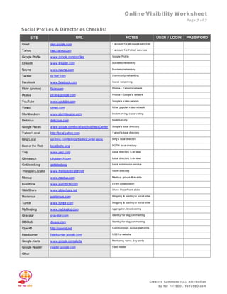 Online Visibility Worksheet
Page 2 of 2
Creative Commons (CC), Attribution
by Yo! Yo! SEO . YoYoSEO.com
Social Profiles & ...