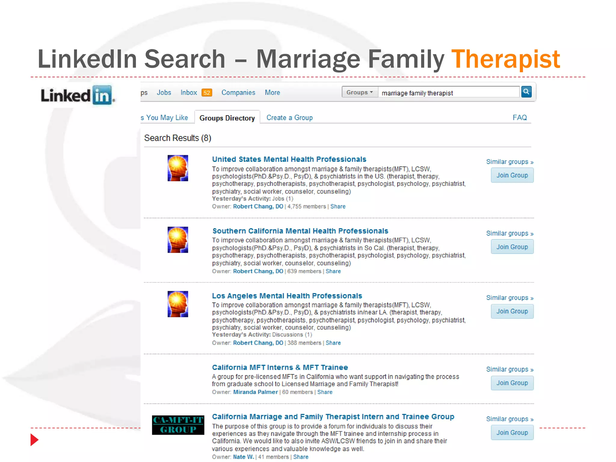 LinkedIn Search – Marriage Family Therapist
 