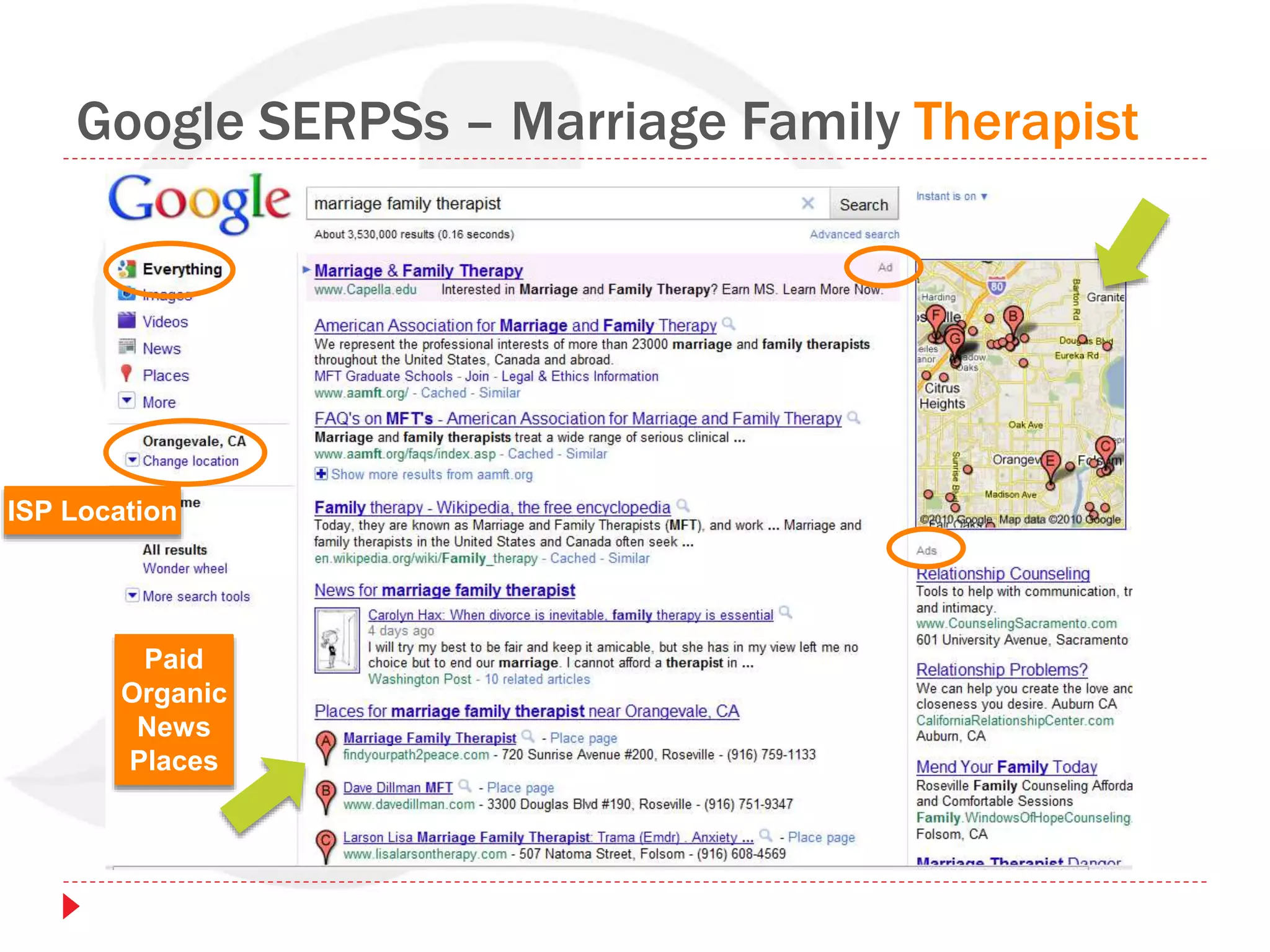 Google SERPSs – Marriage Family Therapist
Paid
Organic
News
Places
ISP Location
 