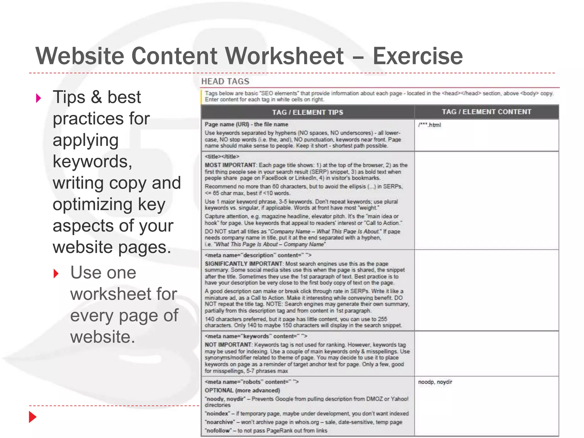 Website Content Worksheet – Exercise
 Tips & best
practices for
applying
keywords,
writing copy and
optimizing key
aspects of your
website pages.
 Use one
worksheet for
every page of
website.
 