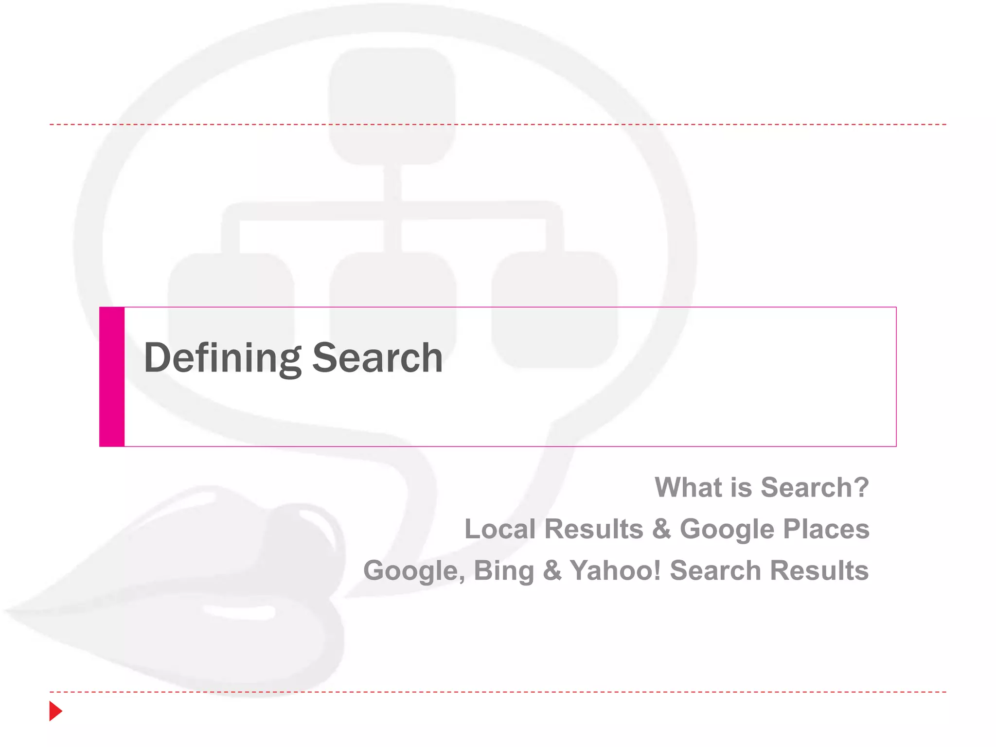 Defining Search
What is Search?
Local Results & Google Places
Google, Bing & Yahoo! Search Results
 