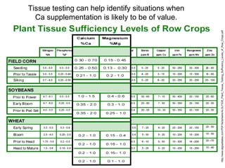http://www.algreatlakes.com/PDF/factsheets/ALGLFS35_Plant_Tissue_Testing_Sufficiency_Levels_of_Row_Crops.pdf
Tissue testing can help identify situations when
Ca supplementation is likely to be of value.
 