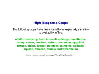 High Response Crops
The following crops have been found to be especially sensitive
to availability of Mg:
alfalfa, blueberry, beet, broccoli, cabbage, cauliflower,
celery, clover, conifers, cotton, cucumber, eggplant,
lettuce, onion, pepper, potatoes, pumpkin, spinach,
squash, tobacco, tomato and watermelon
http://www.spectrumanalytic.com/support/library/ff/Mg_Basics.htm
 