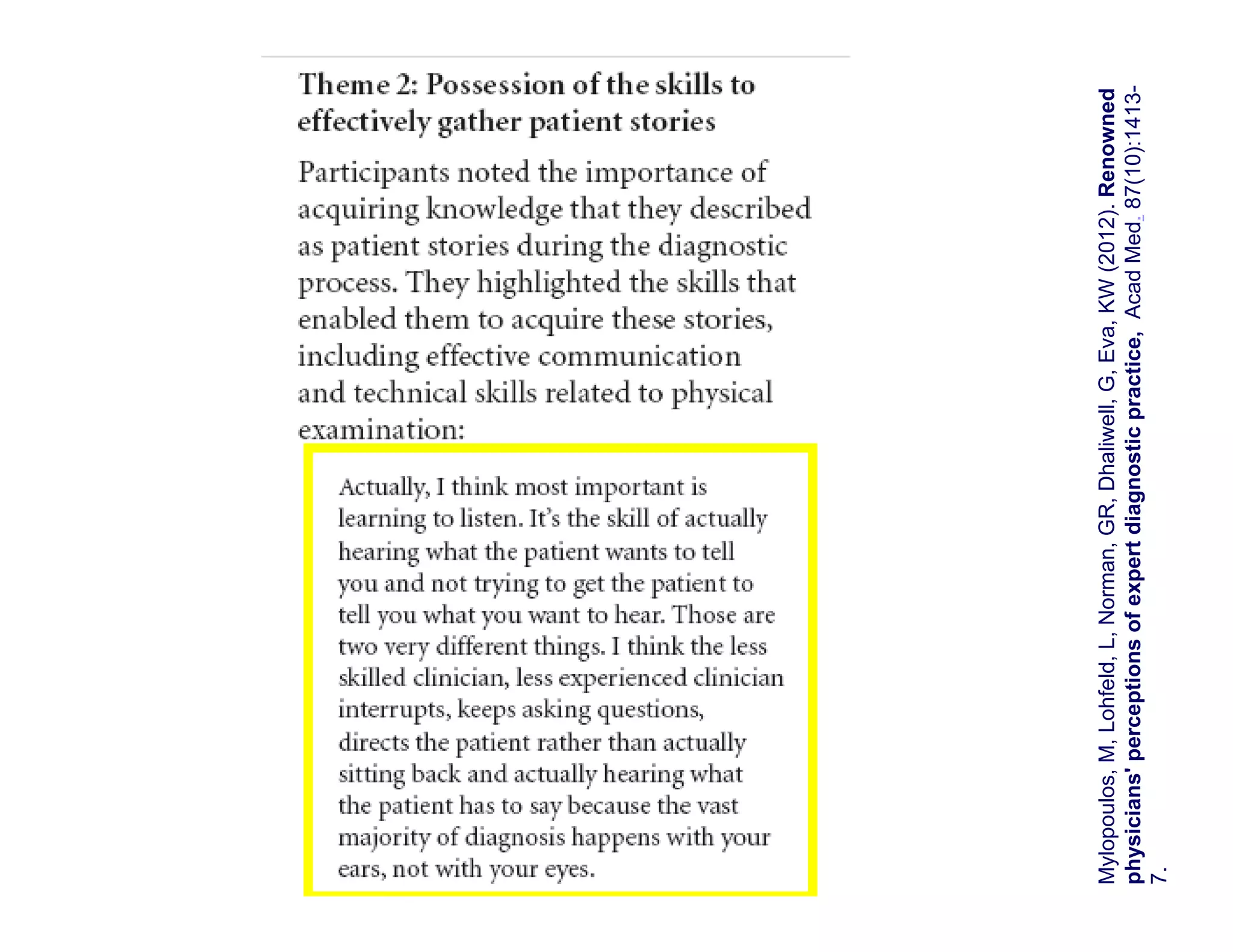 Mylopoulos, M, Lohfeld, L, Norman, GR, Dhaliwell, G, Eva, KW (2012). Renowned
physicians' perceptions of expert diagnostic practice, Acad Med. 87(10):1413-
7.
 
