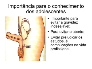 Importância para o conhecimento dos adolescentes Importante para evitar a gravidez indesejável; Para evitar o aborto; Evitar prejudicar os estudos, e complicações na vida profissional. 