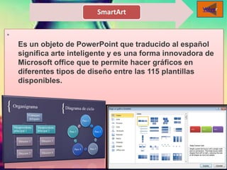 SmartArt
•
Es un objeto de PowerPoint que traducido al español
significa arte inteligente y es una forma innovadora de
Microsoft office que te permite hacer gráficos en
diferentes tipos de diseño entre las 115 plantillas
disponibles.
Volver
 